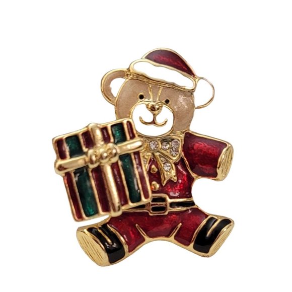 Red Green Enamel Clear Rhinestone Christmas Bear With Gift Trembler Brooch, K826 - Picture 3 of 10